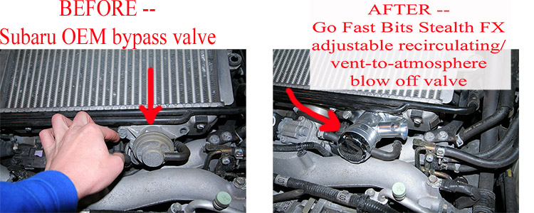 photo before and after 2004 Subaru WRX factory bypass valve bpv and GFB Go Fast Bits Stealth FX adjustable hybrid blow off valve